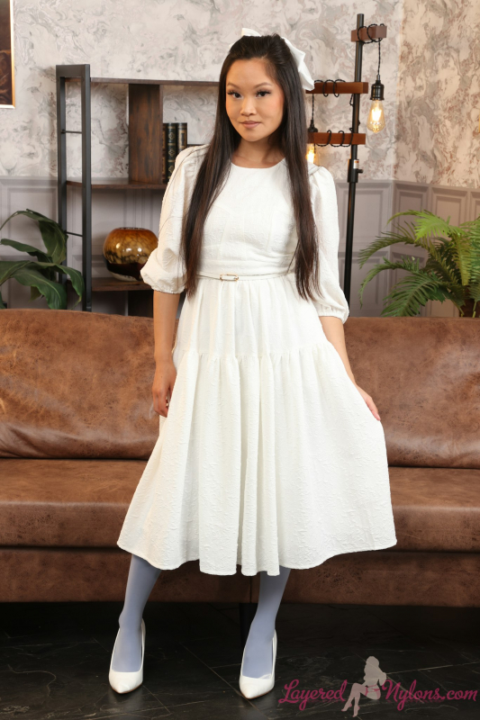 White Dress Stockings Over Blue Pantyhose
