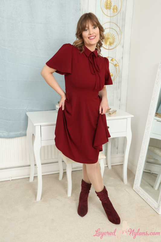 Red Dress Boots Pantyhose Over Stockings