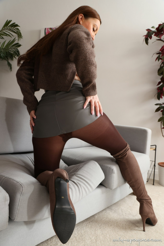 Brown Sweater Miniskirt Boots Opaque Pantyhose
