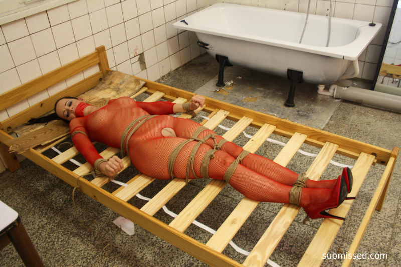 Cindy in the butchery bound to the bed